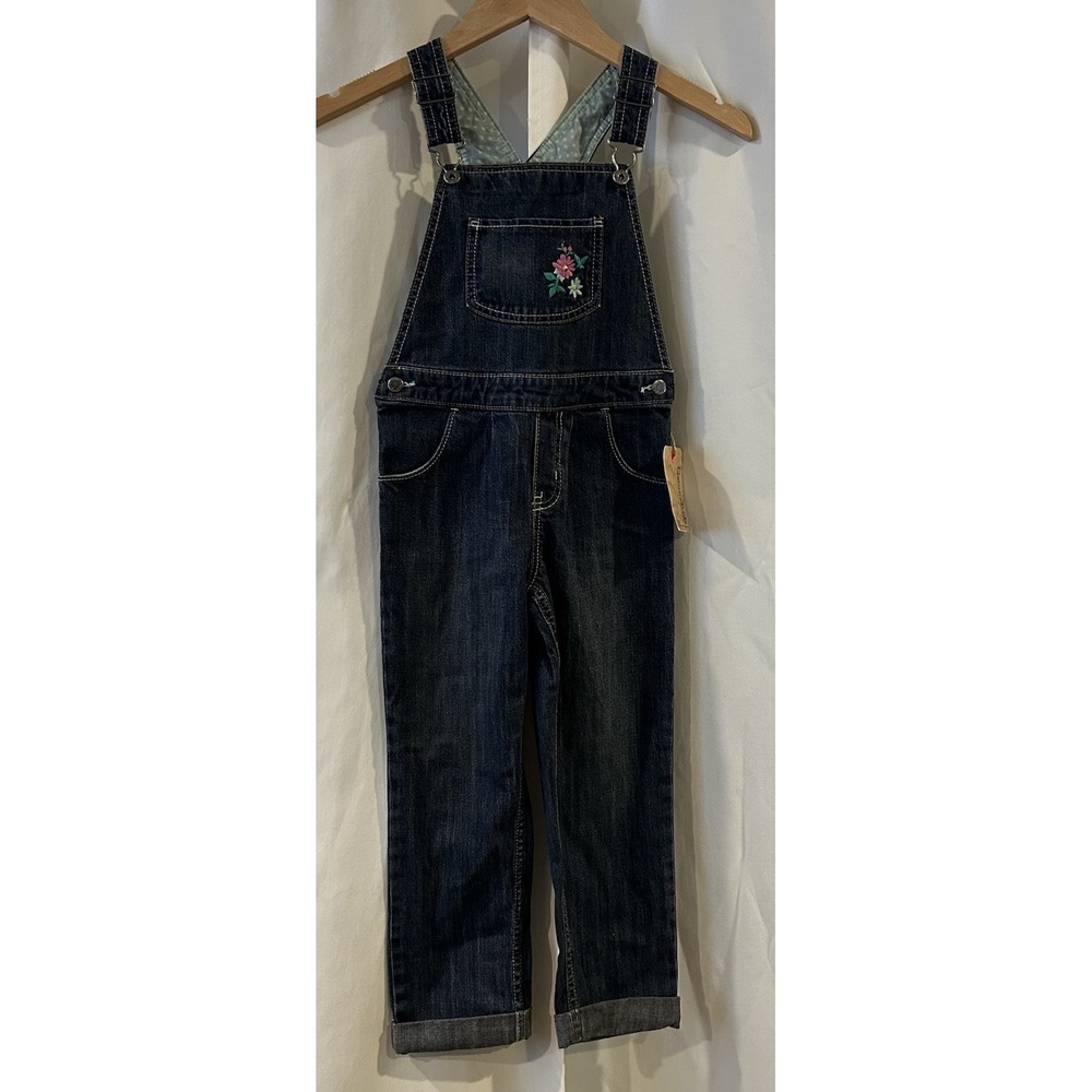 GENUINE KIDS 5T Blue Denim Overall Bib Floral Embroidered Adjustable Straps NWT